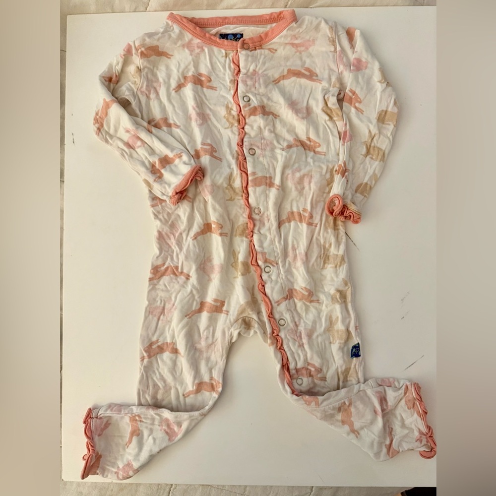 Kickee Pants Cream Footed One-Piece with Pink and Tan Bunny Print and Pink Trim